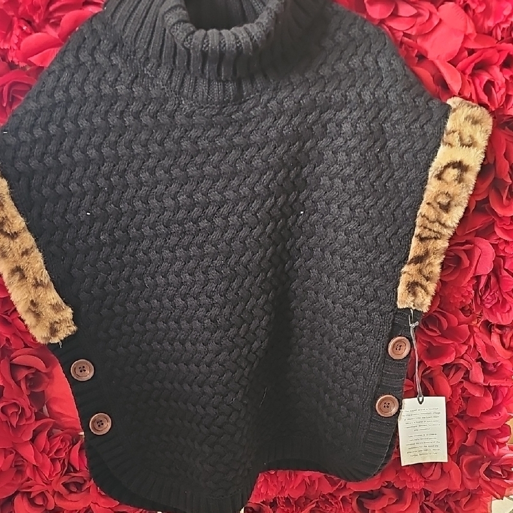 Aspen Kids NWT Black Knit Sweater with Faux Fur Accents and Buttons Size 7/8